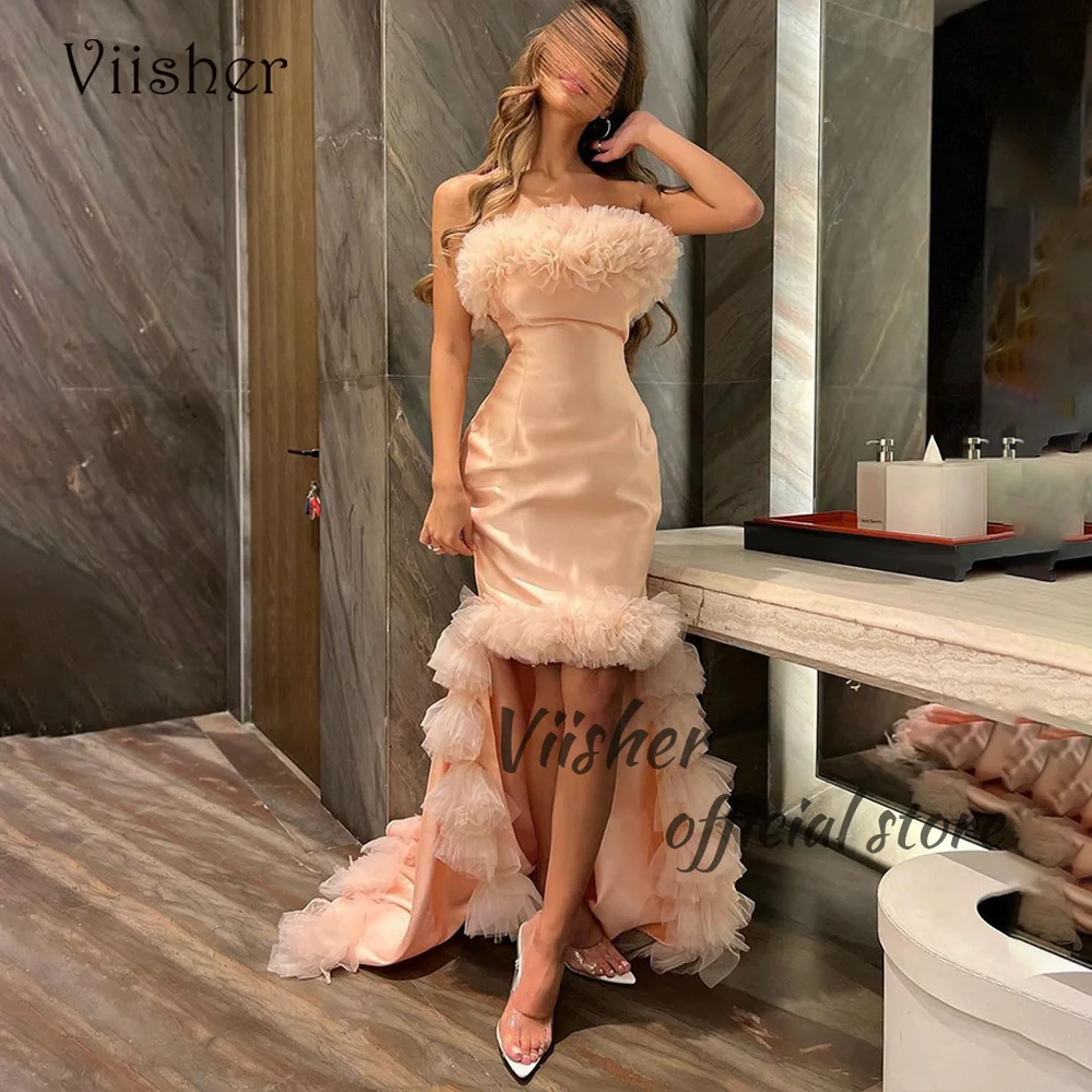 

Viisher Peach High Low Evening Dresses Pleats Tulle Strapless Long Prom Party Dress with Train Long Dubai Arabic Formal Dress