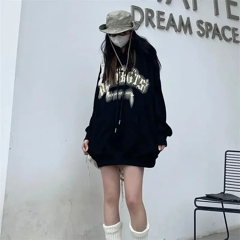 Long Loose Hooded Woman Clothing Black Women's Sweatshirt Letter Printing Baggy Graphic Punk Hip Hop Top Hoodies Text Warm M Xxl