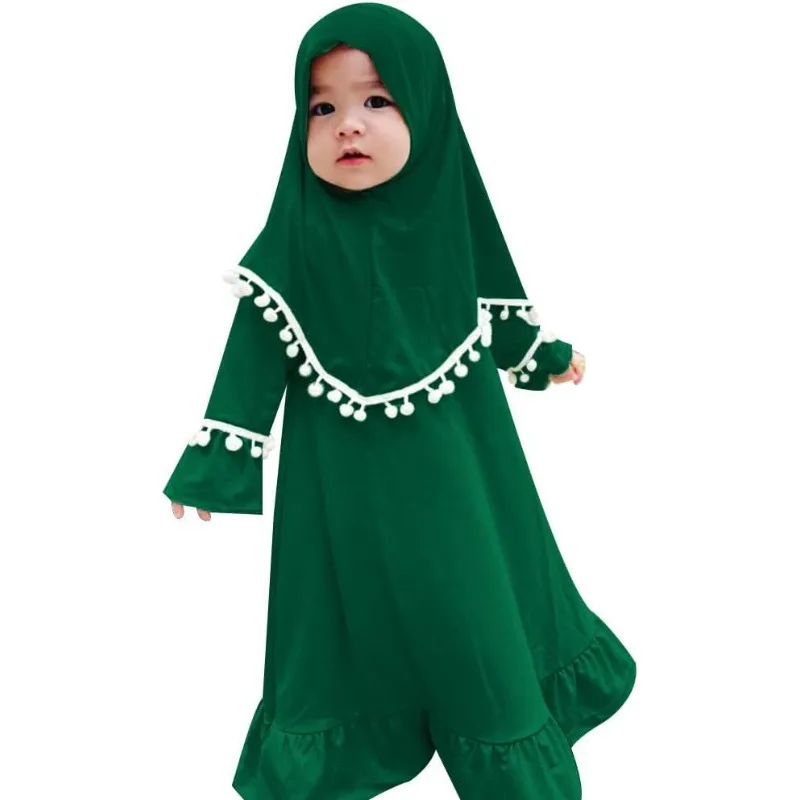 Girls Long Sleeve Maxi Dress with Hijab 2 Piece Set, Kids Spring Autumn Abaya Dress, Muslim Children Clothing - view 3