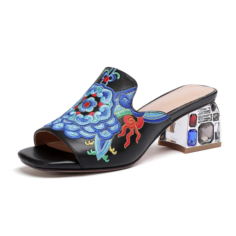

New Retro Ethnic Style Embroidered Leather Sandals Square Head Open-Toed Square Heel Heightening Sandals Women's Slippers 34&43