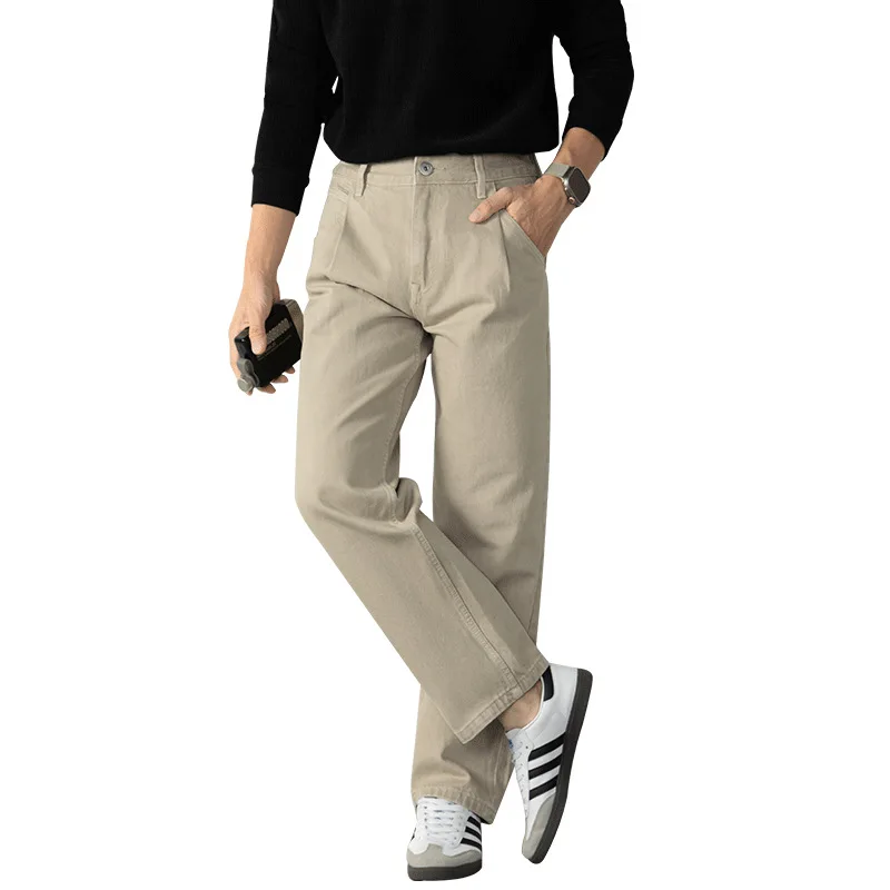 100% 순면 레트로 청바지 남성용 가을 겨울 비즈니스 캐주얼 빈티지 와이드 레그 스트레이트 데님 팬츠 남성 출퇴근용 바지