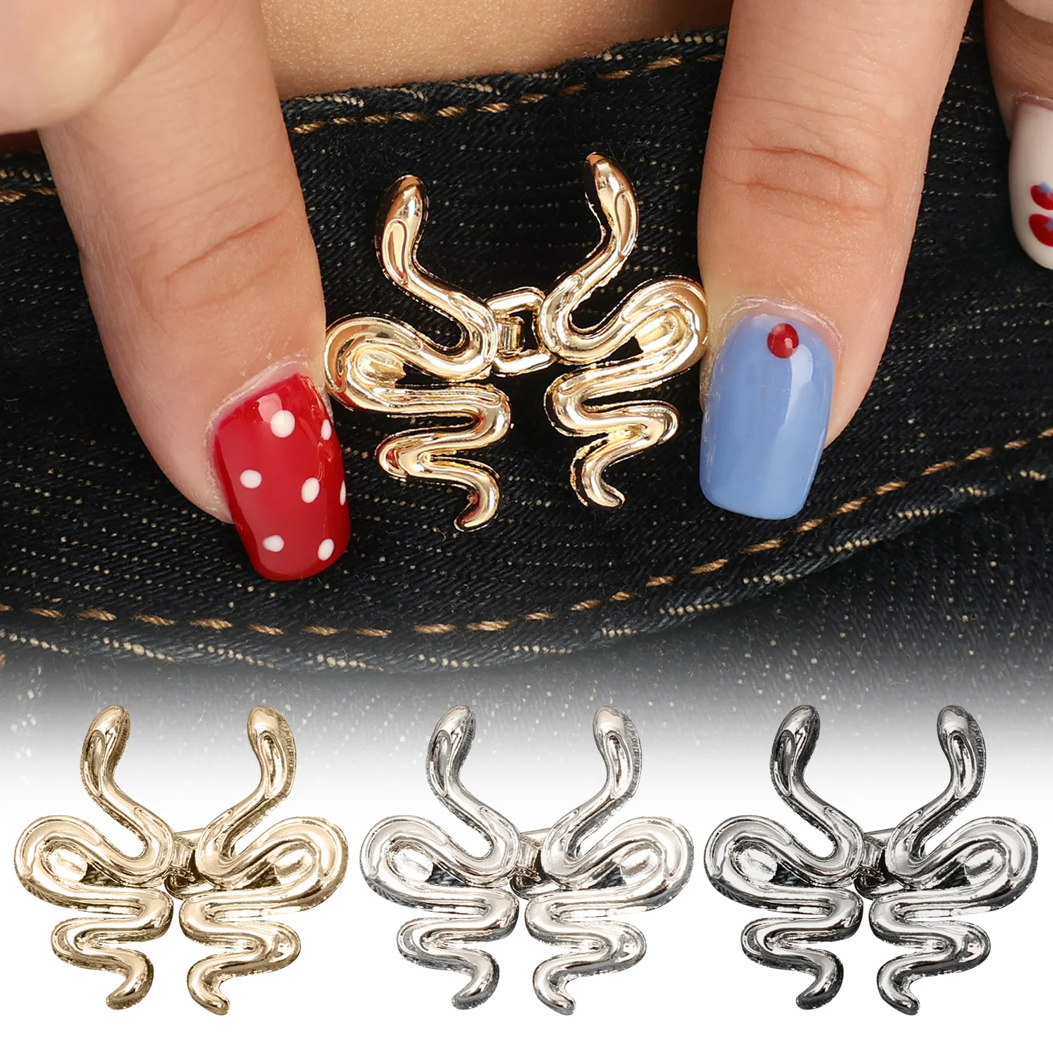 3pairs Waist Button Fastener Adjustable Metal Jeans Buttons Cute Snake Shape Reusable Waist Cincher Clip for Clothing Dresses