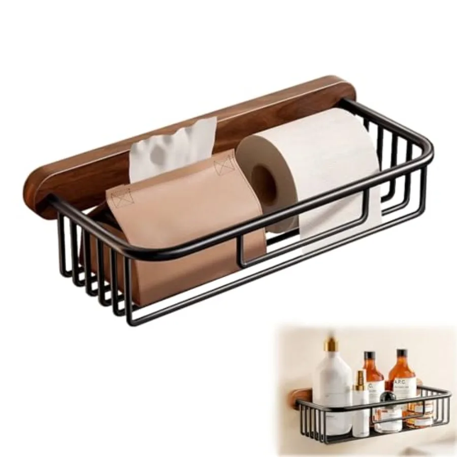Bathroom Shelves, Toilet Paper Holder Wall Mount, Walnut Wooden and Aluminum Shelf Organizer Rack, Large Capacity No-Drill Rack