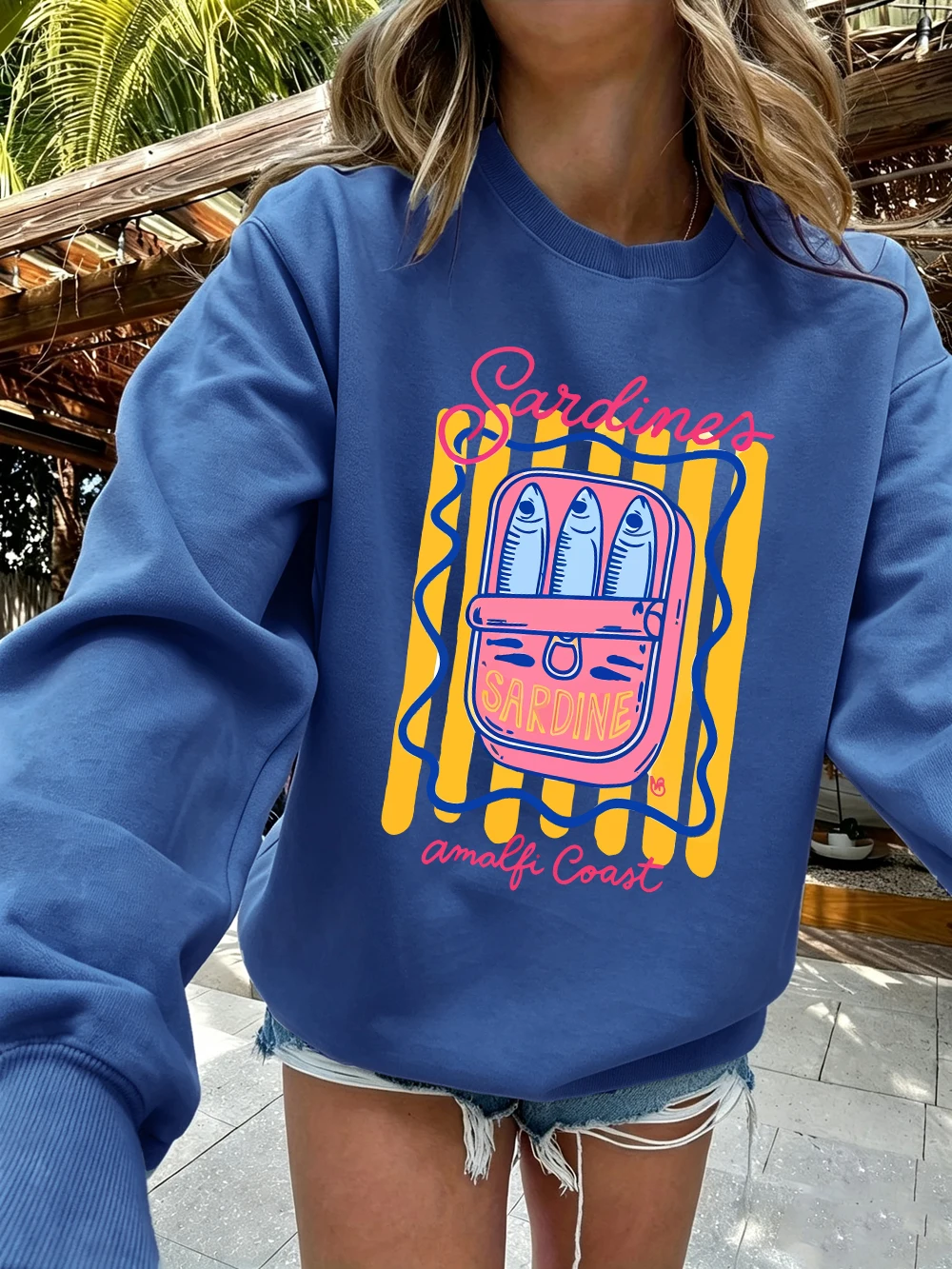 Sardines Amalfi Coast Prints Sweatshirts für Damen, Fleece, warm, bequem, Kapuzenpullover, Rundhalsausschnitt, lockere Oberteile, Winter, lässige Damenkleidung – Detail 18