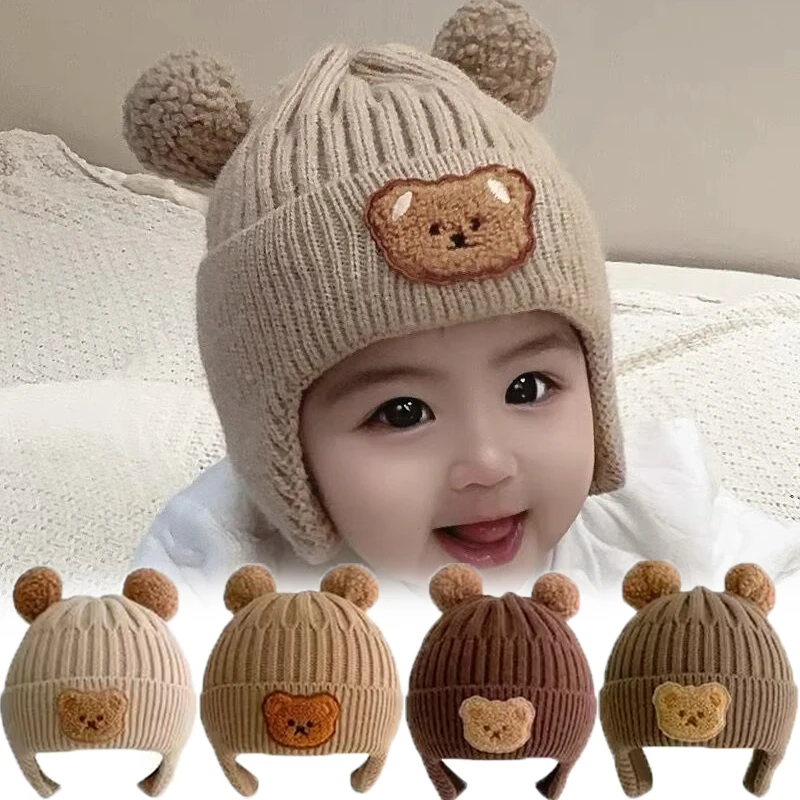 

Cute Cartoon Bear Beanie Caps Baby Girls Winter Warm Knitted Ear Protection Earmuffs Bonnet Hat Kids Pompom Bonnet Hats