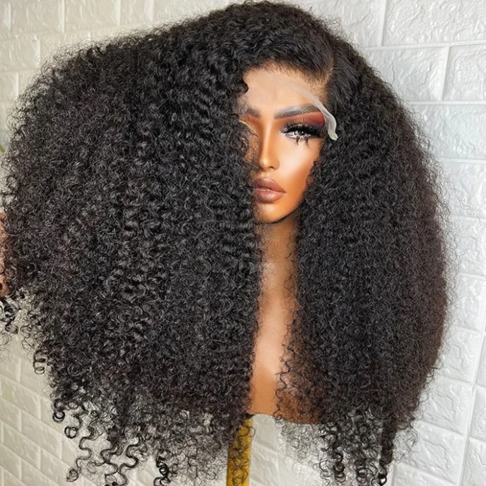 Natural Black Soft 26inch Glueless 180Density Long Kinky Curly Deep Lace Front Wig For Women With Baby Hair Preplucked Daily