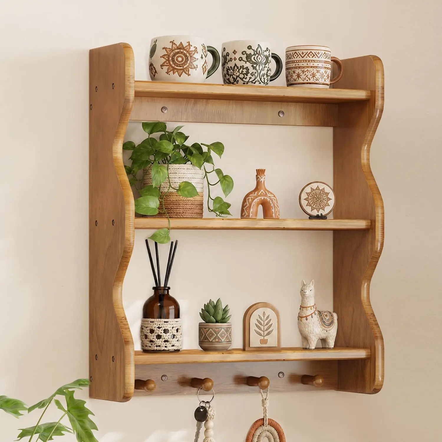3 Tier Wooden Floating Wall Shelves with Hooks, Rustic Farmhouse Wall Mounted Storage Shelf, Decorative Curved Side Wall Organizer Display Rack for Bedroom, Bathroom, Living Room, Kitchen, Brown