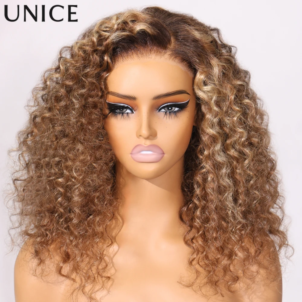

UNice 7x5 Lace Side Part Brown Blonde Curly Human Hair Wig Pre Cut Pre Bleached Glueless Wig 150% Density