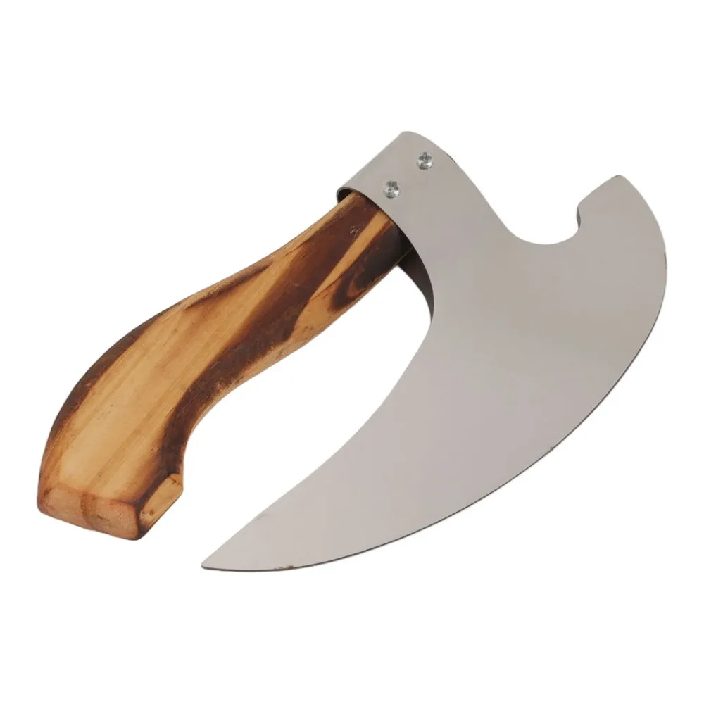 Stainless Steel Pizza Cutting Axe Ergonomic Grip Curved Blade Viking Pizza Axe Wood Grain Handle Polished Finish