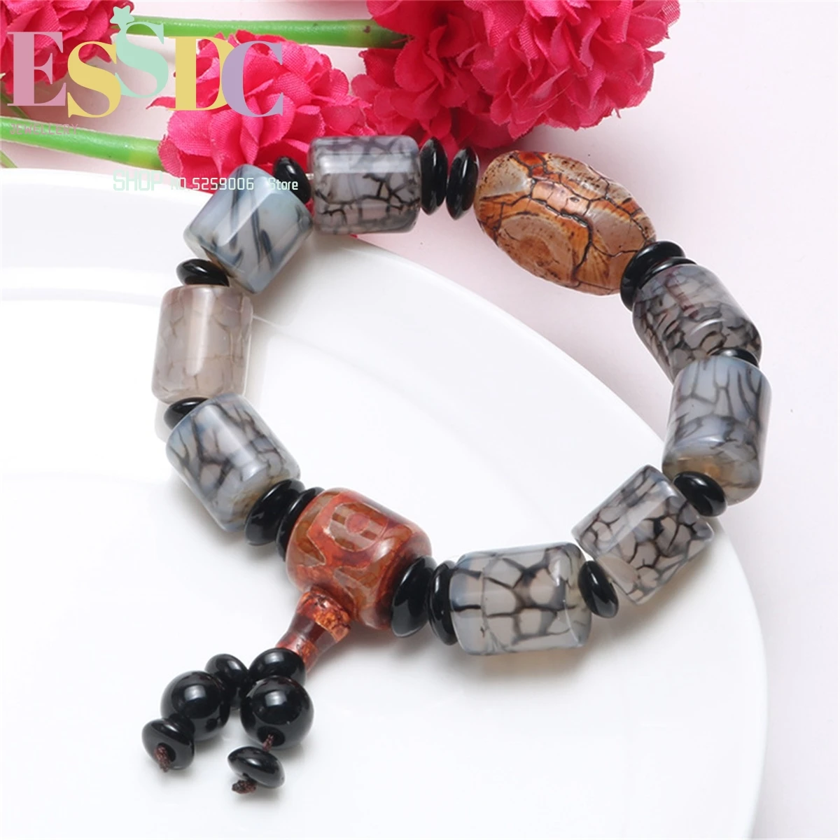 Classic Natural Ice Cracked Agate Dzi Bead  Tibetan Three Eyes Carnelian Men's Vintage Bracelet Jewelry Wholesale  Personality