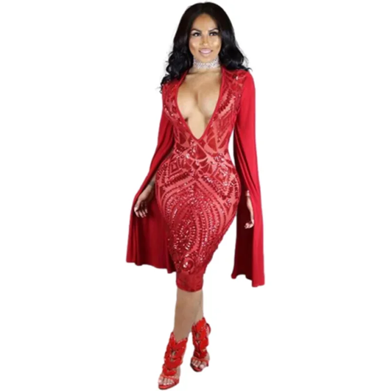 

Sexy Deep V Neck Split Long Sleeve Gown Women Fashion Sequins Splicing Wrap Hip Dresses New Mesh See-through Female Party Dress