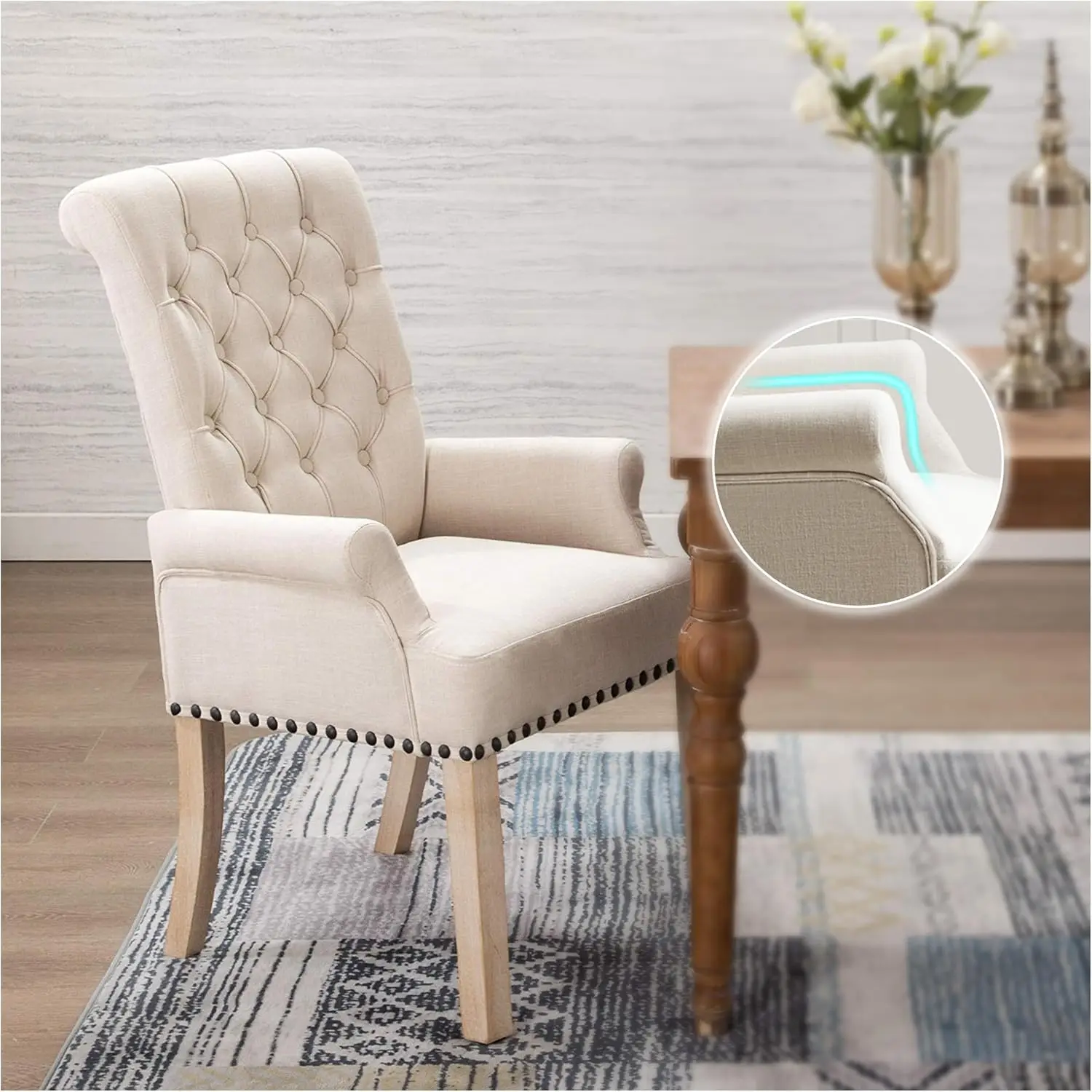 

Upholstered Fabric Accent Dining Chair, Elegant Tufted Club Dining Room Kitchen Room Arm Dining Chair, Beige