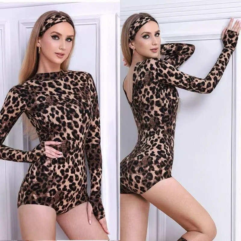 

Женский танцевальный комбинезон для бальных танцев с длинными рукавами, леопардовый топ для латиноамериканских танцев, топ для чачи, одежда для тренировок