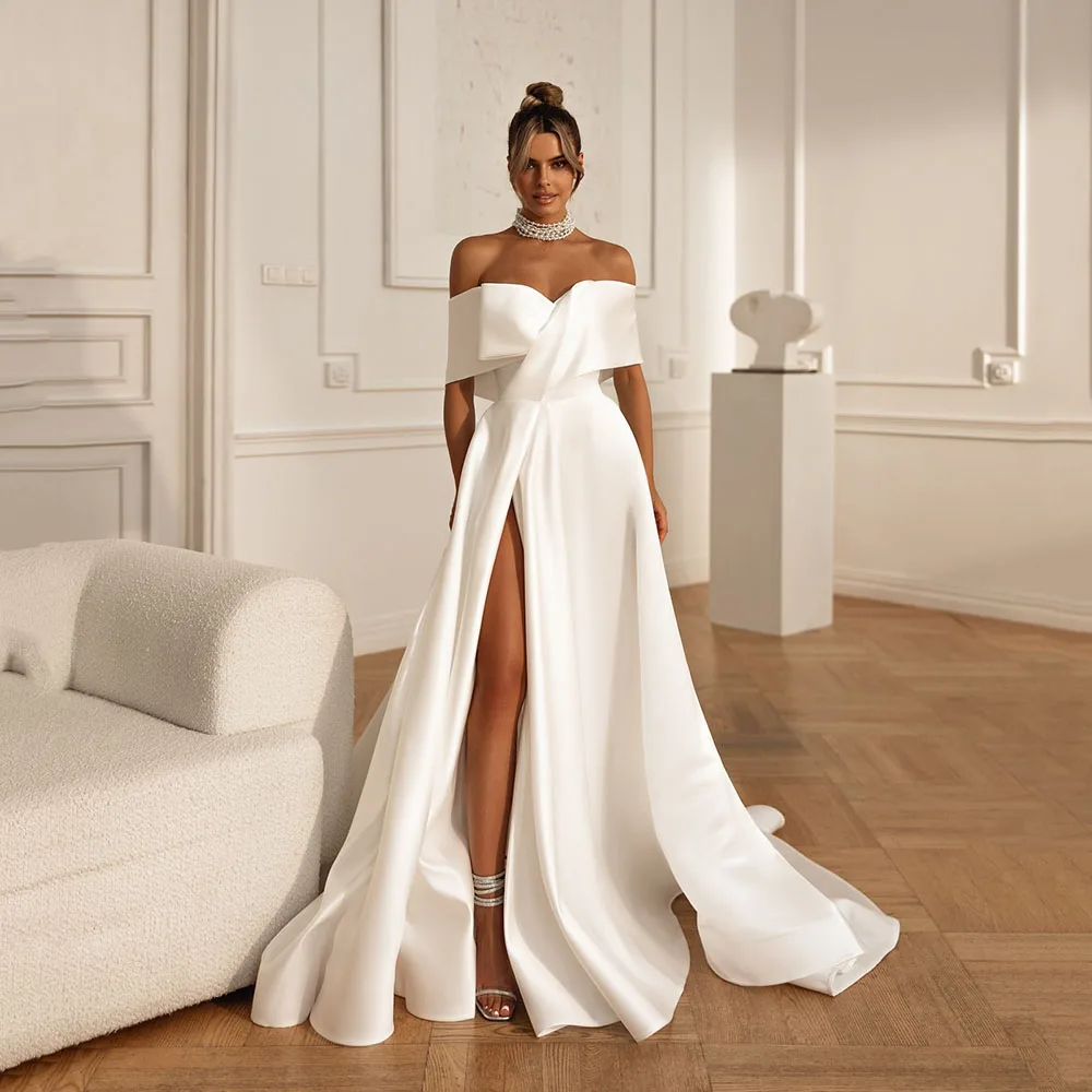 

Msikoods Modern Satin Wedding Dresses 2025 Off Shoulder Sexy High Slit Simple Bridal Dress Elegant Brides Dress Customized