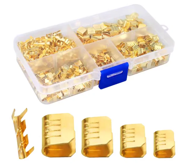 

500 PCS Boxed Set of 5 Different Sizes Golden Brass Quick Snap Connectors, U-shaped Copper Clips and Parallel Copper Strips, Ter