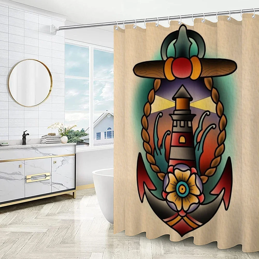New School Tattoo Shower Curtain for Bathroom Sets Full Set Folding Partition Curtains Accessories Bath Bedrooms Houses Rooms