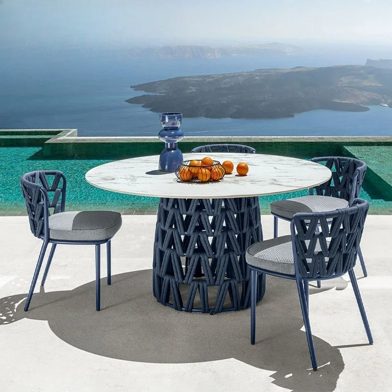 Outdoor villa terrace rock slab dining table garden courtyard rattan tables and chairs waterproof and sunscreen