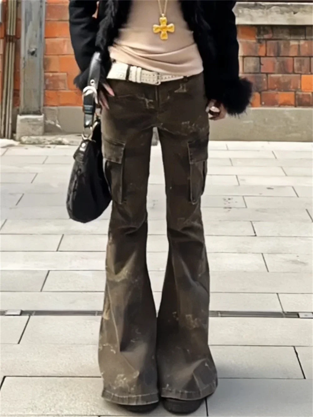 Women's Flare Cargo Jeans Camouflage Harajuku Low Rise Denim Pants Abi Trashy Y2k Bell Bottom Gyaru