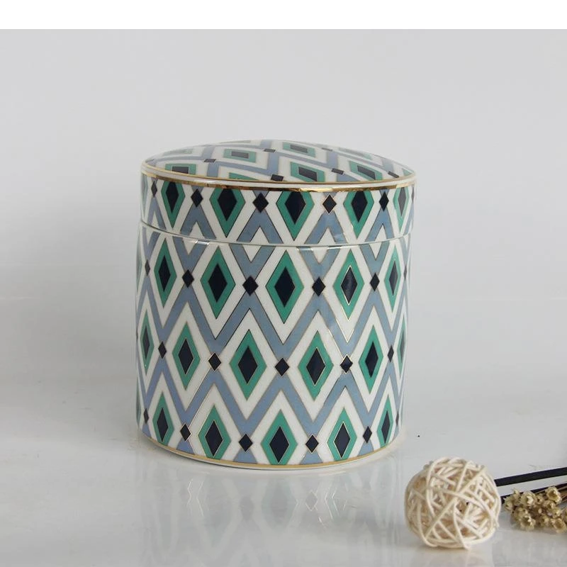 Painted Geometric Texture Ceramic Storage Jar with Lids Tea Canister Porcelain Caddy Candy Pots Cereal Jars Desk Decoration