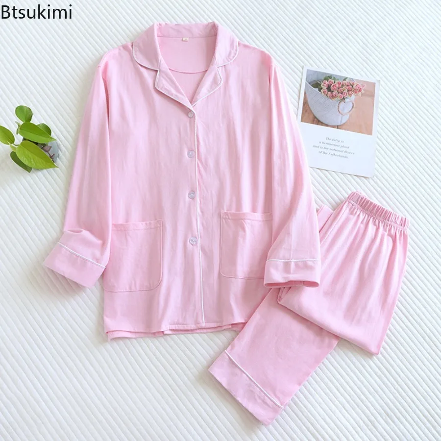 New Spring and Autumn Women's Pajamas Pure Cotton Long-sleeved Thick Warm Home Service Suit Solid Color Cardigan Sleepwear Lady