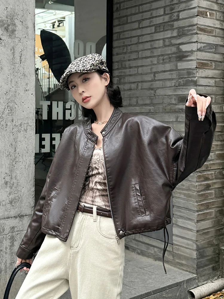 Women Blue Biker Pu Jackets Retro Streetwear Long Sleeve Moto Short Coats Casual O Neck Korean Fall Winter Pockets Outwear New