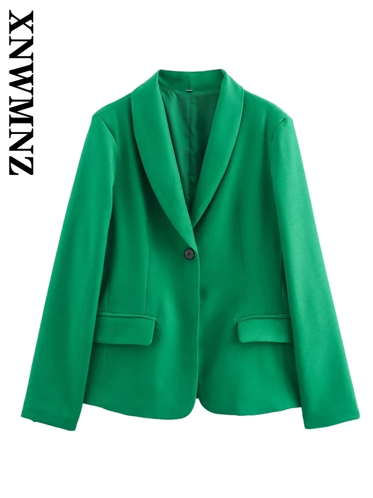 XNWMNZ Vrouw 2024 Herfst Mode Lange Mouw Effen Kleur Blazer Jas Vrouwelijke Casual Notched Kraag Een Knoppen Zakken Top Jas