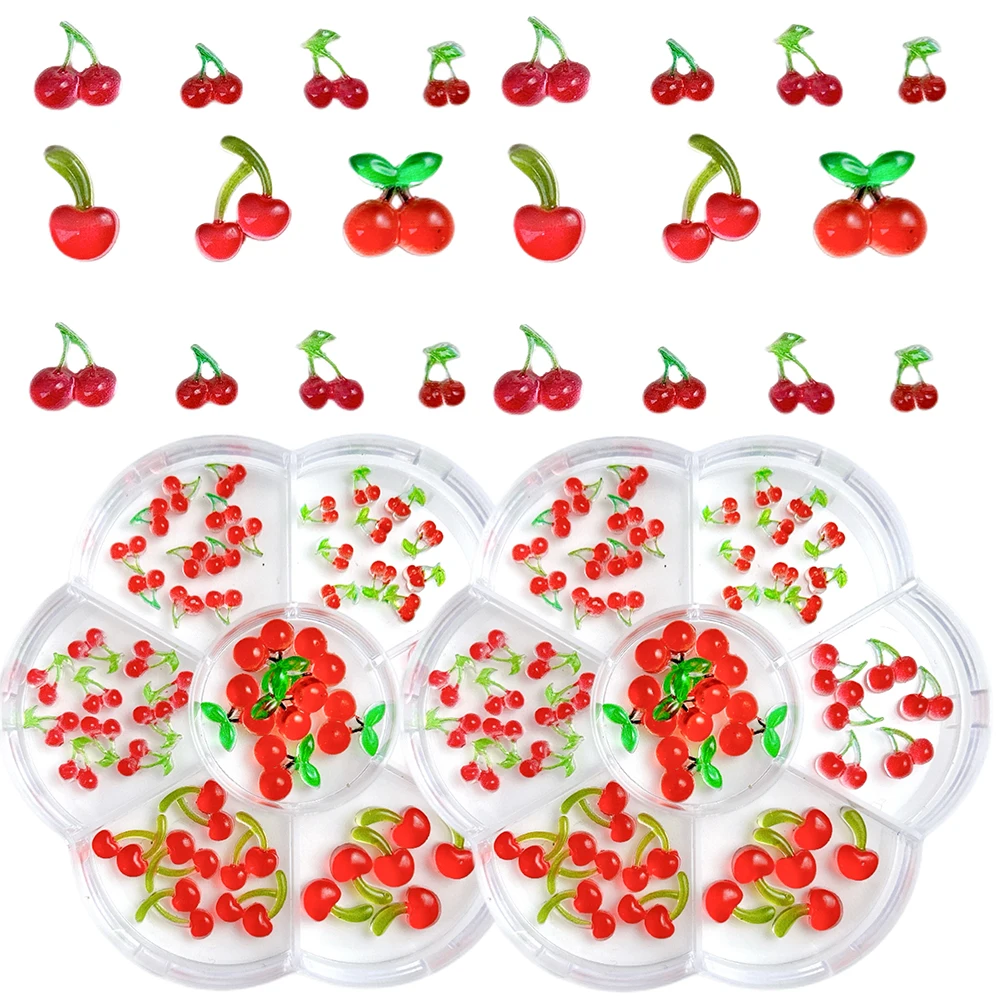 1Box Creative Simulated Resin Cherry Series Nail Charms Kawaii Dark Red Double Cherry Nail Art Decorations DIY Hairpin Nail Sets