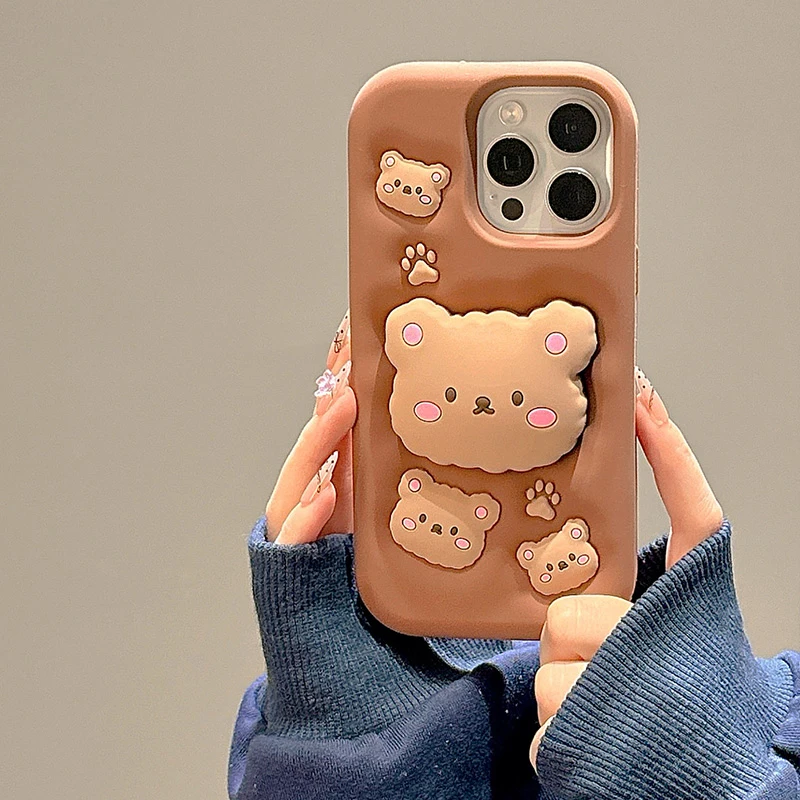 Cute Bear Integrated Bracket Case For iPhone 16 Pro Max 15 13 12 11 14 Plus Silicone Back Cover With Telescopic Holder Stand