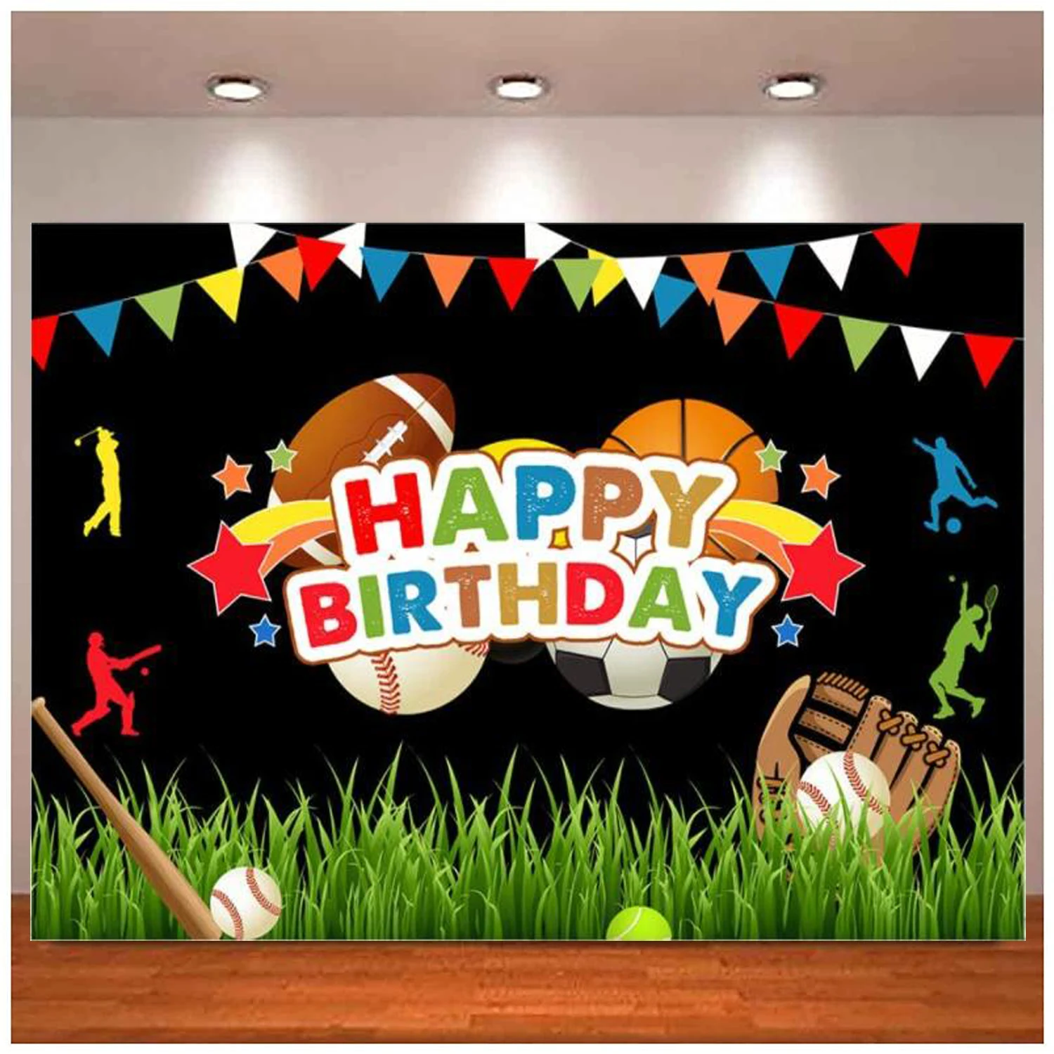 

Happy Birthday Photography Backdrop Colorful Stars Blackboard Background Baseball Football Basketball Rugby Cake Table Decor