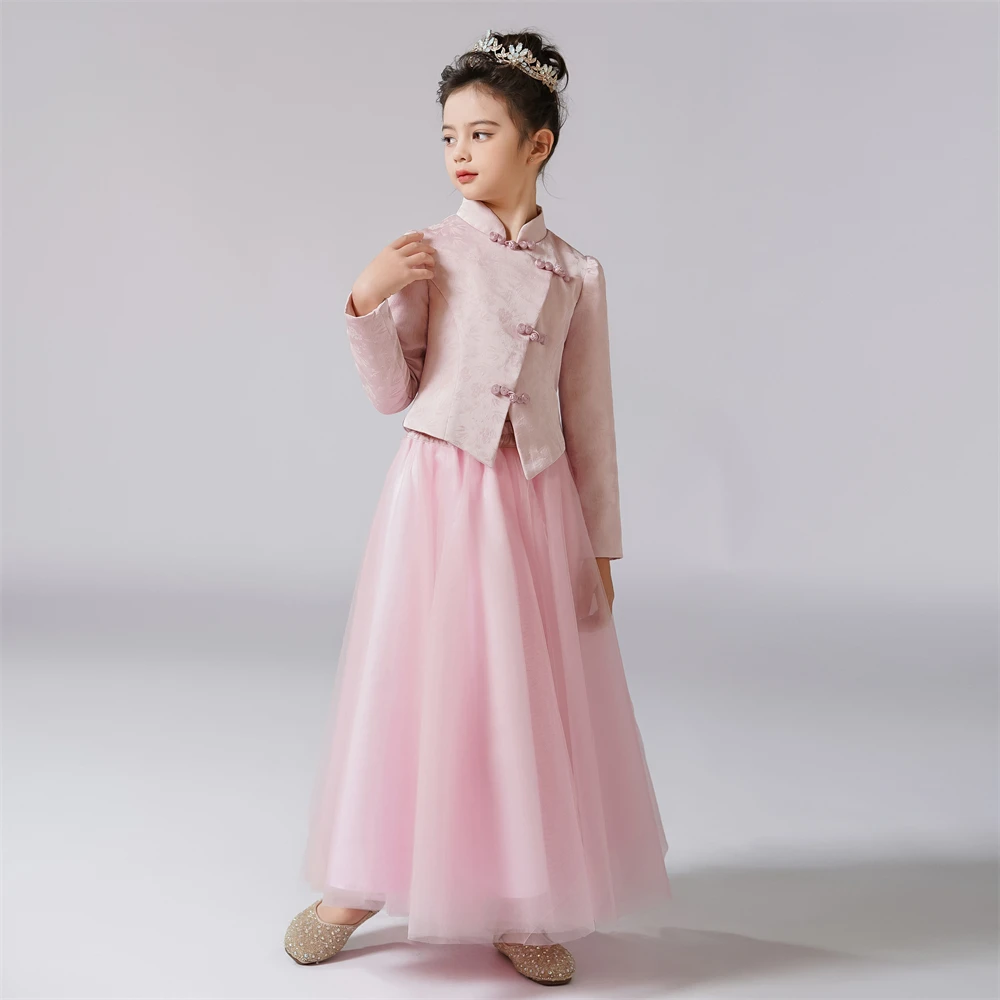 

Dideyttawl Flower Girls Dress For Party Long Sleeves Formal Pageant Gown Chinese style Long Sleeve High-Neck Junior Bridesmaid