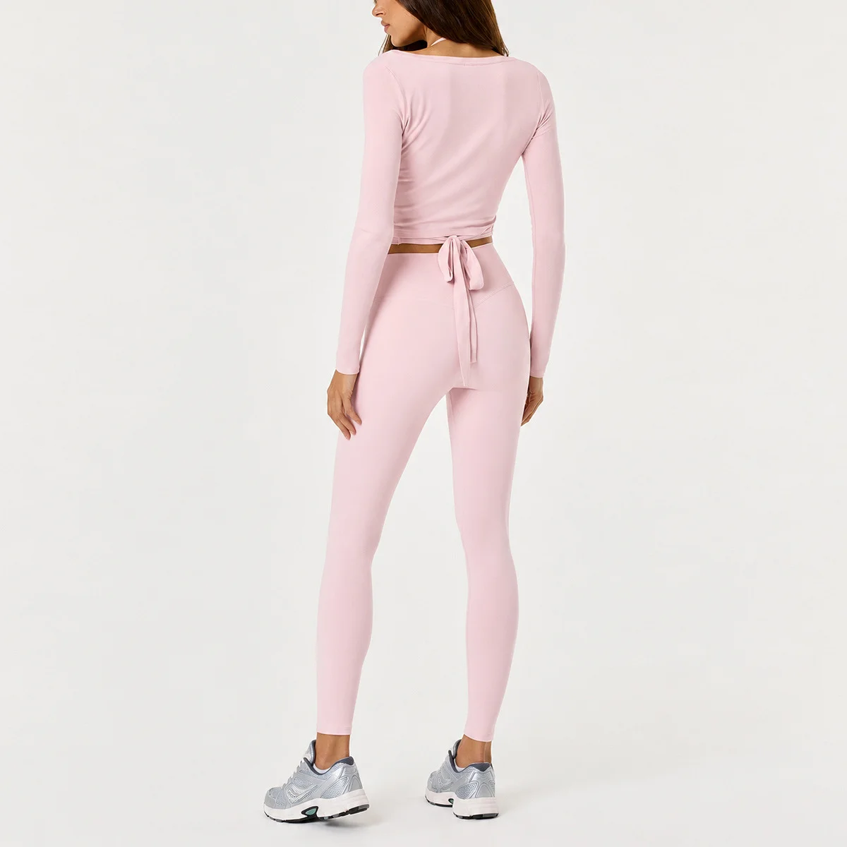 Women's Yoga Two-Piece Set Long Sleeve Crop Top High Waist Joggers Gym Workout Activewear Ballet Core with Wrap Tie