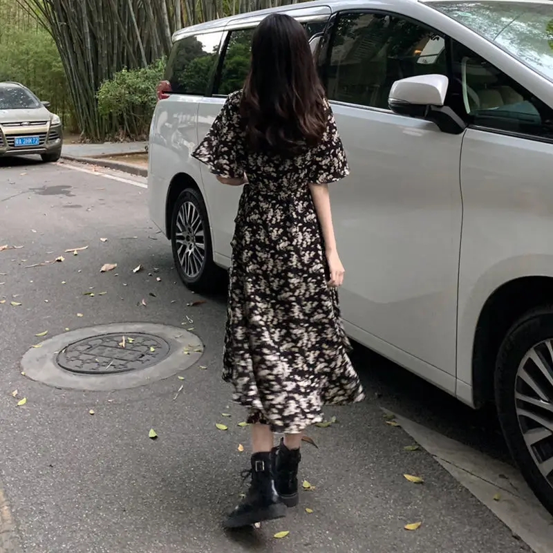 Short Sleeve Dress Women Floral BF Midi Elegant Boho Party Summer V-neck Korean Style Vestidos Feminino Empire Sweet Mature Ins