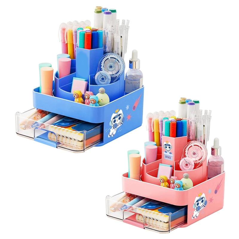 

Rotating Pen Pencil Holder Desk-Organiser Pencil Pots Makeup Brush Holder With 11 Compartments For Home Blue