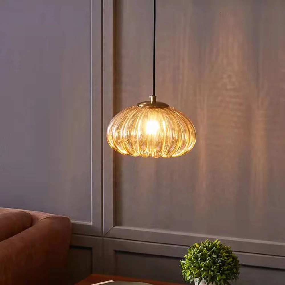 Cute Lovely Pumpkin Glass Transparent Amber Smoke Gold Metal Personality Modern Pendant Lamp For Kitchen Chandelier