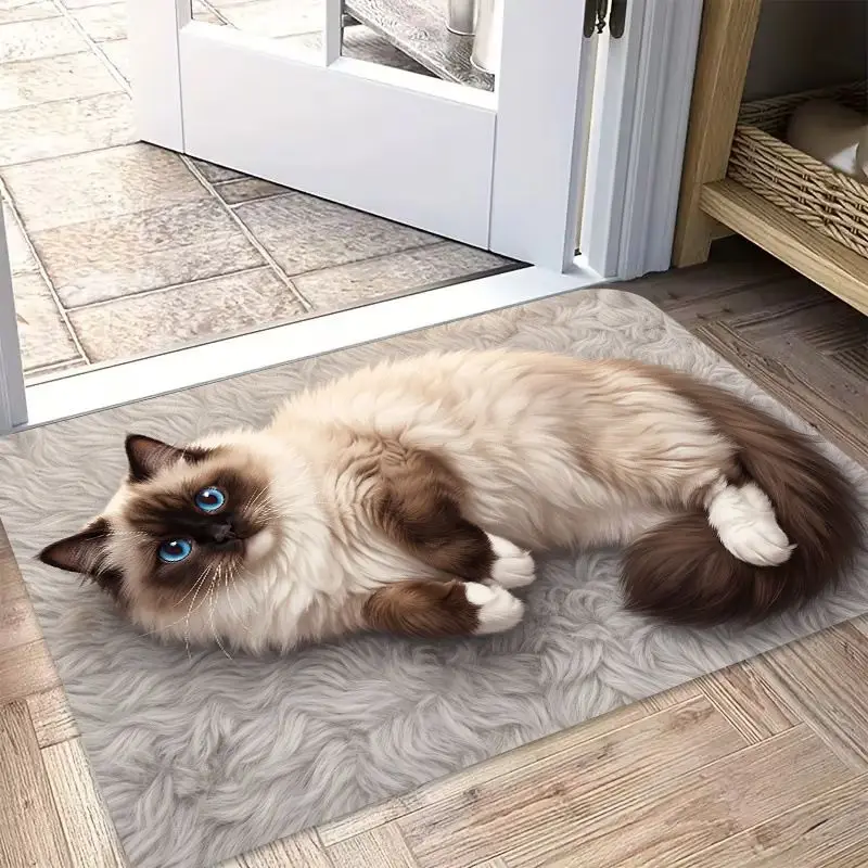 VIKAMA Ragdoll Cat Side Lying Door Mat Gray Print Non Slip Rug For Entryway Front Door Pet Animal Decor