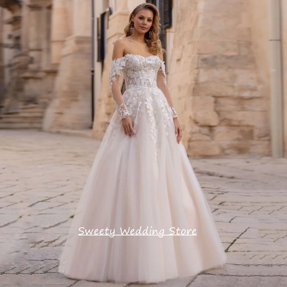 

Customized Off The Shoulder Wedding Dress Detachable Long Sleeves Beading Applique Back Zipper Sweep Train Bridal Gown