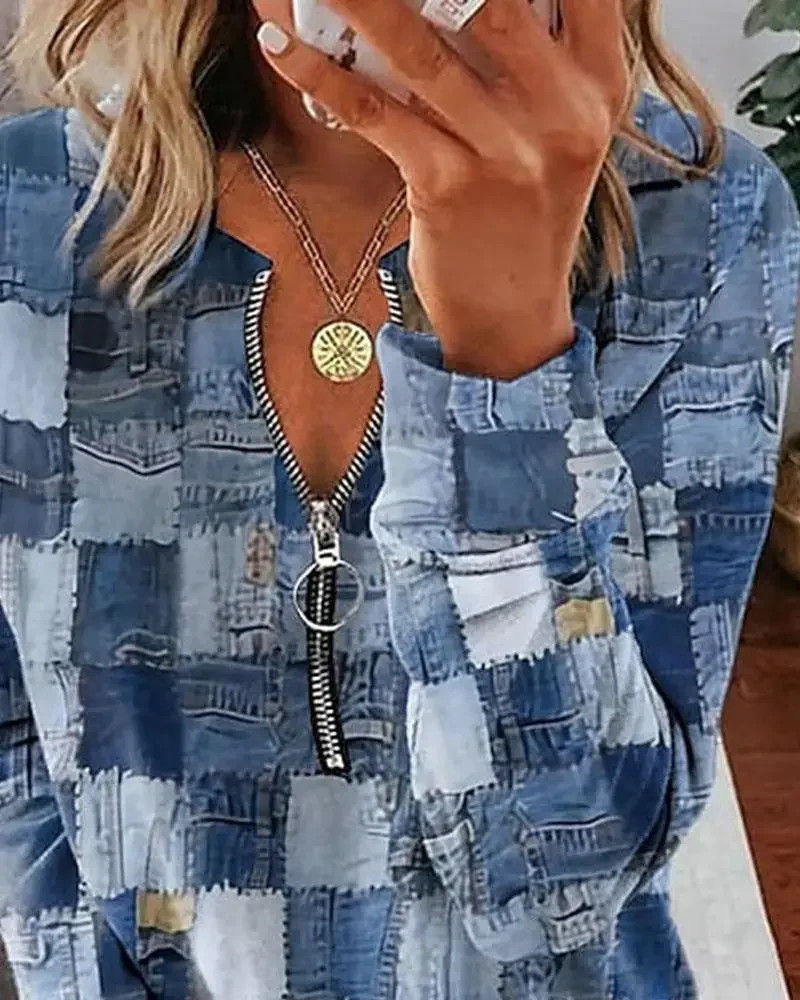 Mulheres denim look estampa top de manga longa, detalhe zip, camiseta casual, moda