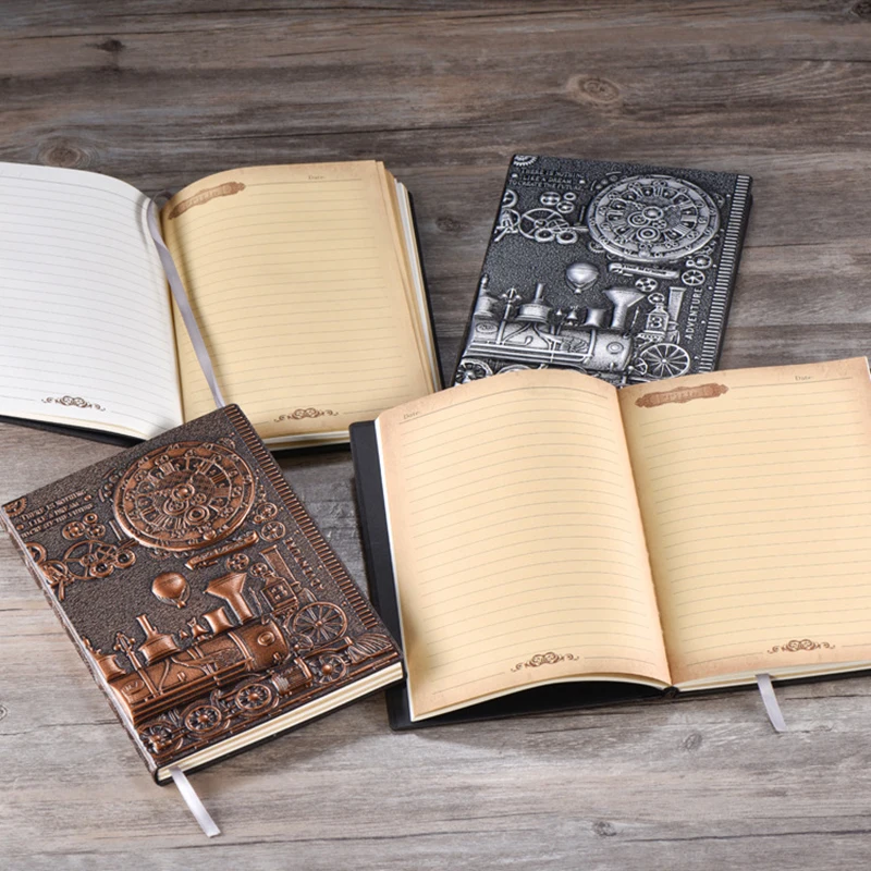 Retro Steam Train Relief A5 Notebook Journal Embossed Writing Notebook Handmade Leather Cover Diary Gift Office Supplies