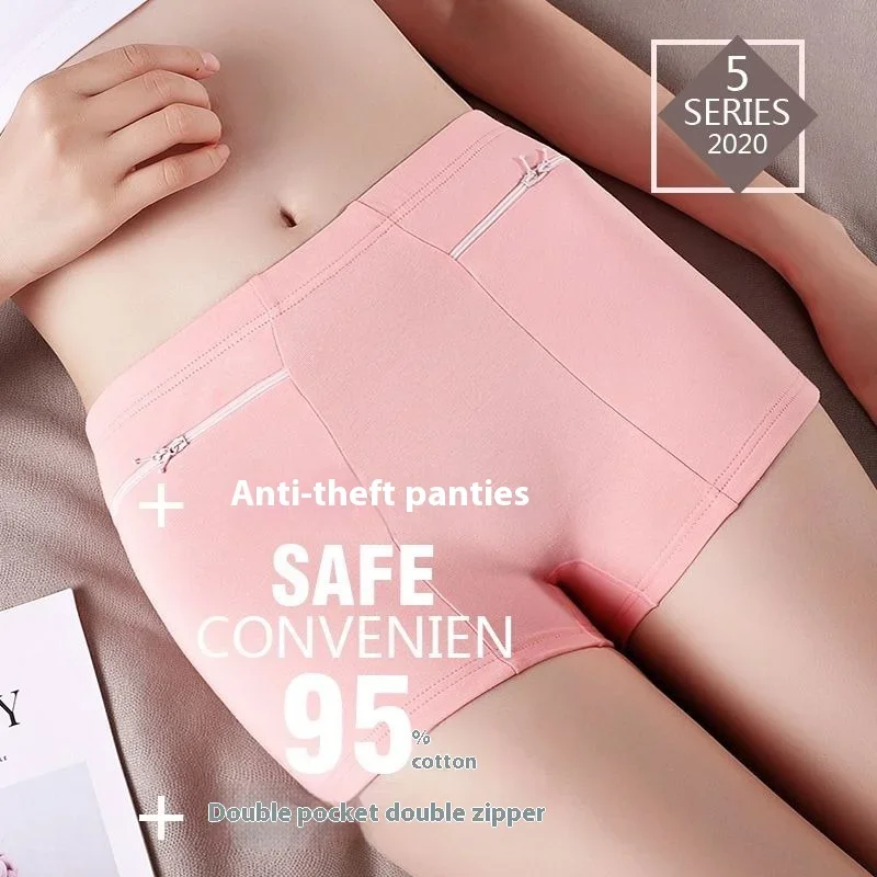 Celana dalam wanita dengan saku ritsleting dompet uang ponsel anti-maling celana pendek pembentuk tubuh celana pendek perut aman perjalanan Boxer katun