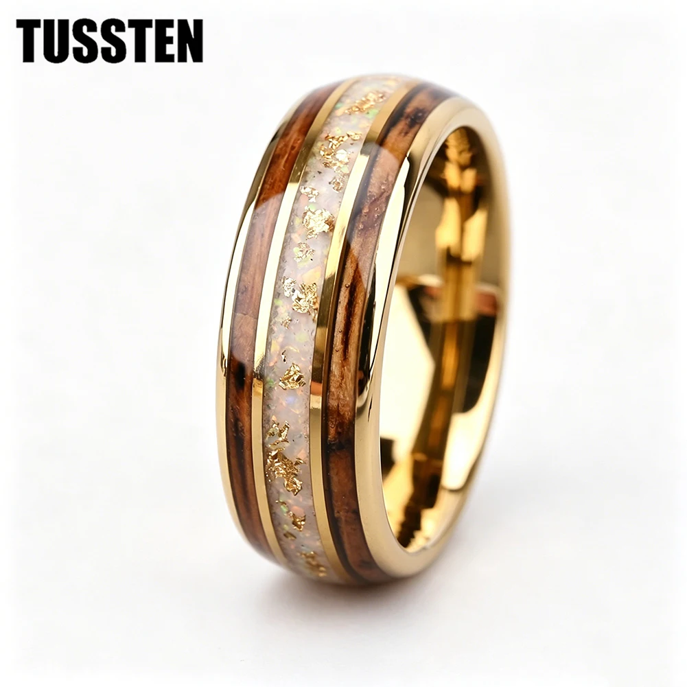 TUSSTEN 8mm Tungsten Ring 18K Gold Plated with White Opal, Gold Foil and Hawaiian Koa Wood Inlay Comfortable Fit