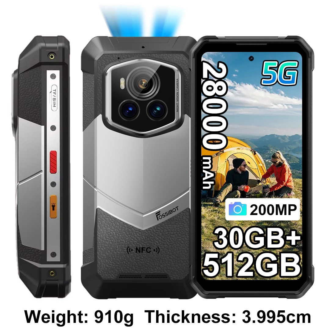 Fossibot F107 Pro 28000mAh 66W Smartphone Starlight Nachtzichtcamera 30GB (12+18) 512GB 200MP NFC Dubbele zaklampen Android 15