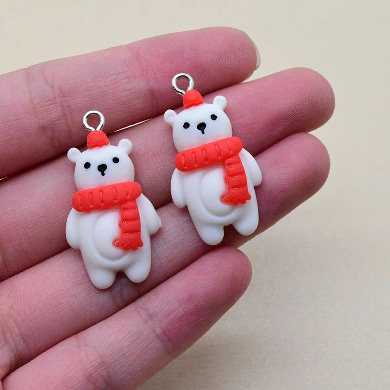 10pcs Christmas Bear Resin Charms Kawaii Red Scarf Animal Pendant For Earring Keychain Making Cute Present Box Decor Diy Jewelry