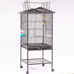 Metal  Large Rolling Bird Cage with 3 Perches  4 Feeders, and Extra Storage Shelf, Black Bird Cage Decoration