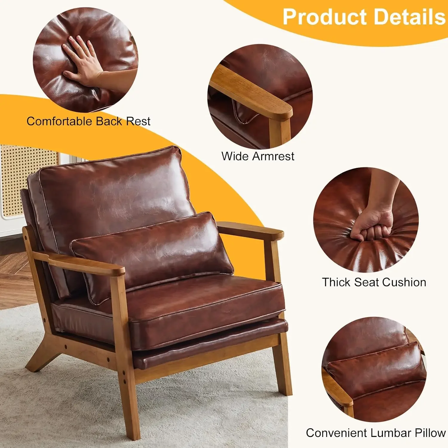 Mid-Century Lounge Accent Chair, Red-Brown | Wide Curved Armrest, PU Leather, Lumbar Pillow Included, Solid Wood Frame, For Livi