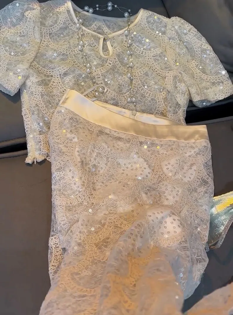 Summer Skirt Intellectual Elegant Two Piece Sets Womens Outifits Sweet Embroidery Sequins Hollow Out Short Top High Waist Skirt