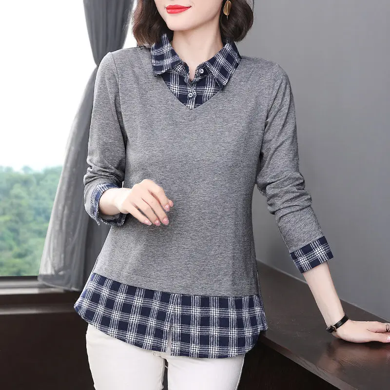 Women\'s Clothing T-shirt Polo-Neck Long Sleeve Spring Autumn Fake Two Pieces Office Lady Elegant Plaid Button Spliced Pullovers