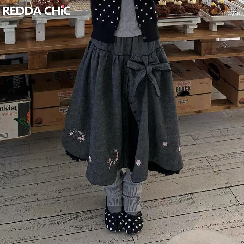 

ReddaChic A Line Jeans Skirt for Women Elastic Waist Mid Length Floral Embroidery Skirt Button Open Lolita Female Clothes Gray