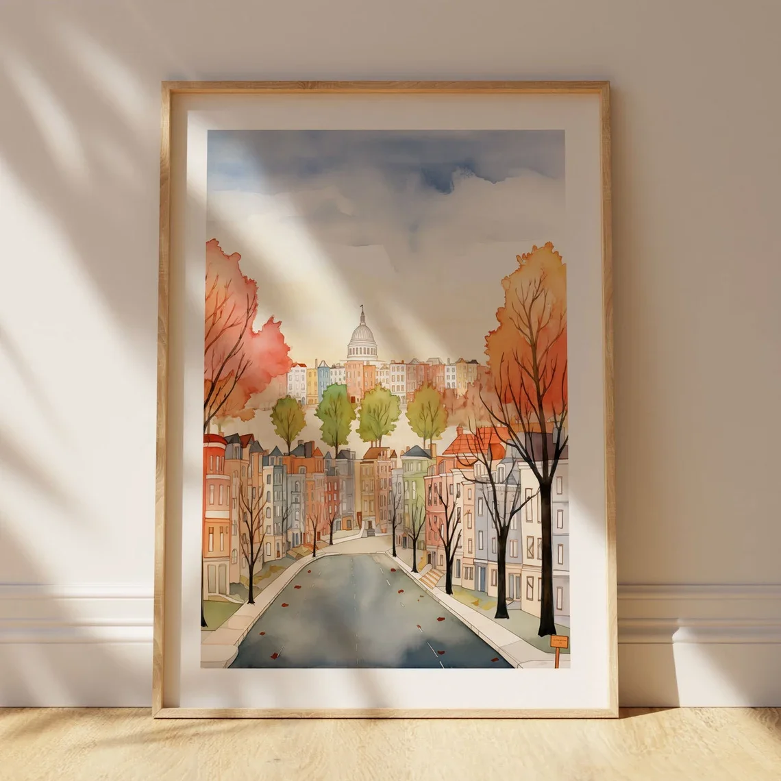 Nostalgic Autumn DC Skyline Wall Art - Timeless Watercolor Print Evoking the Cozy Charm of Fall in the Nation’s Capital, Capturi