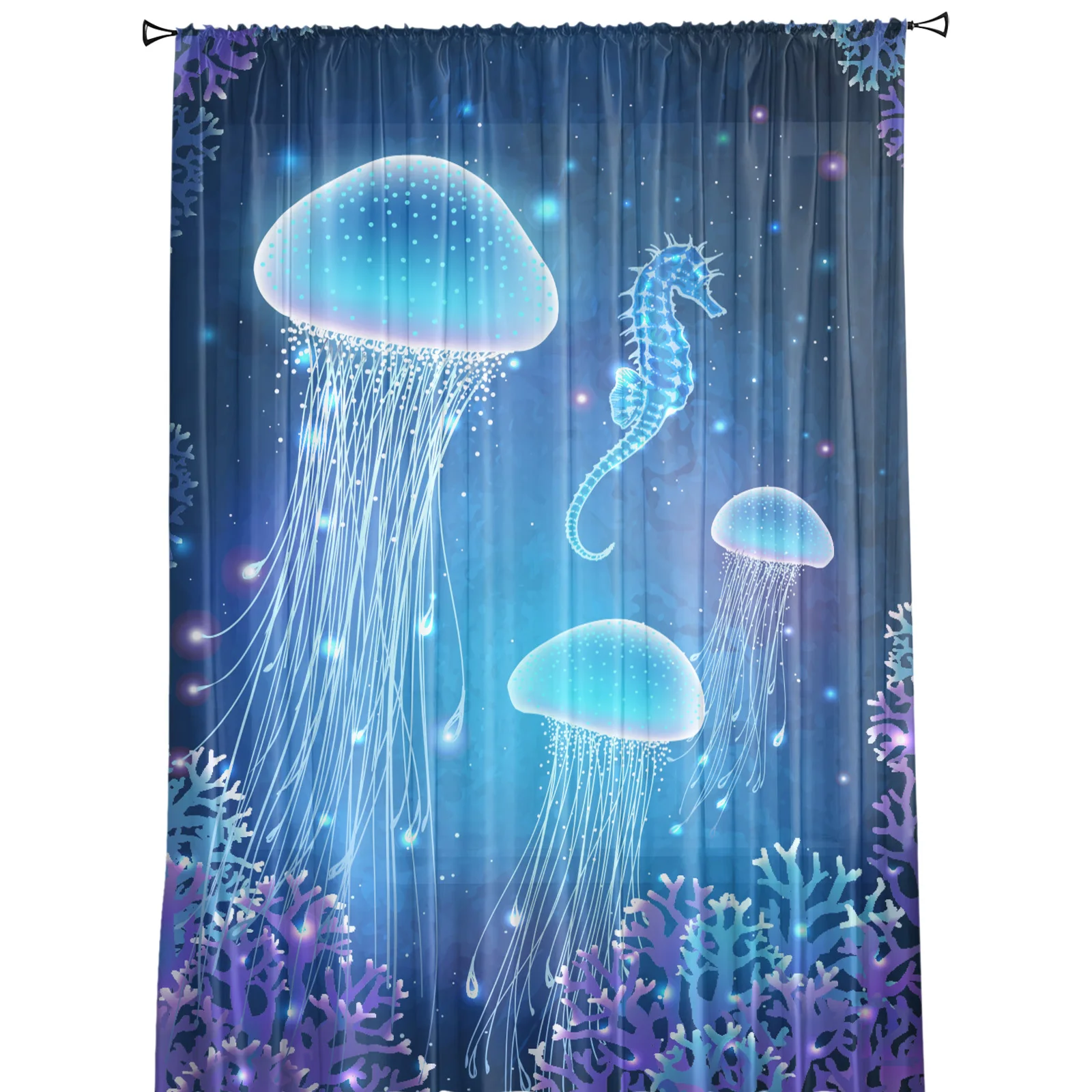 Blue Jellyfish Hippocampus Coral Sheer Curtains for Living Room Decoration Window Curtains Kitchen Tulle Voile Organza Curtains