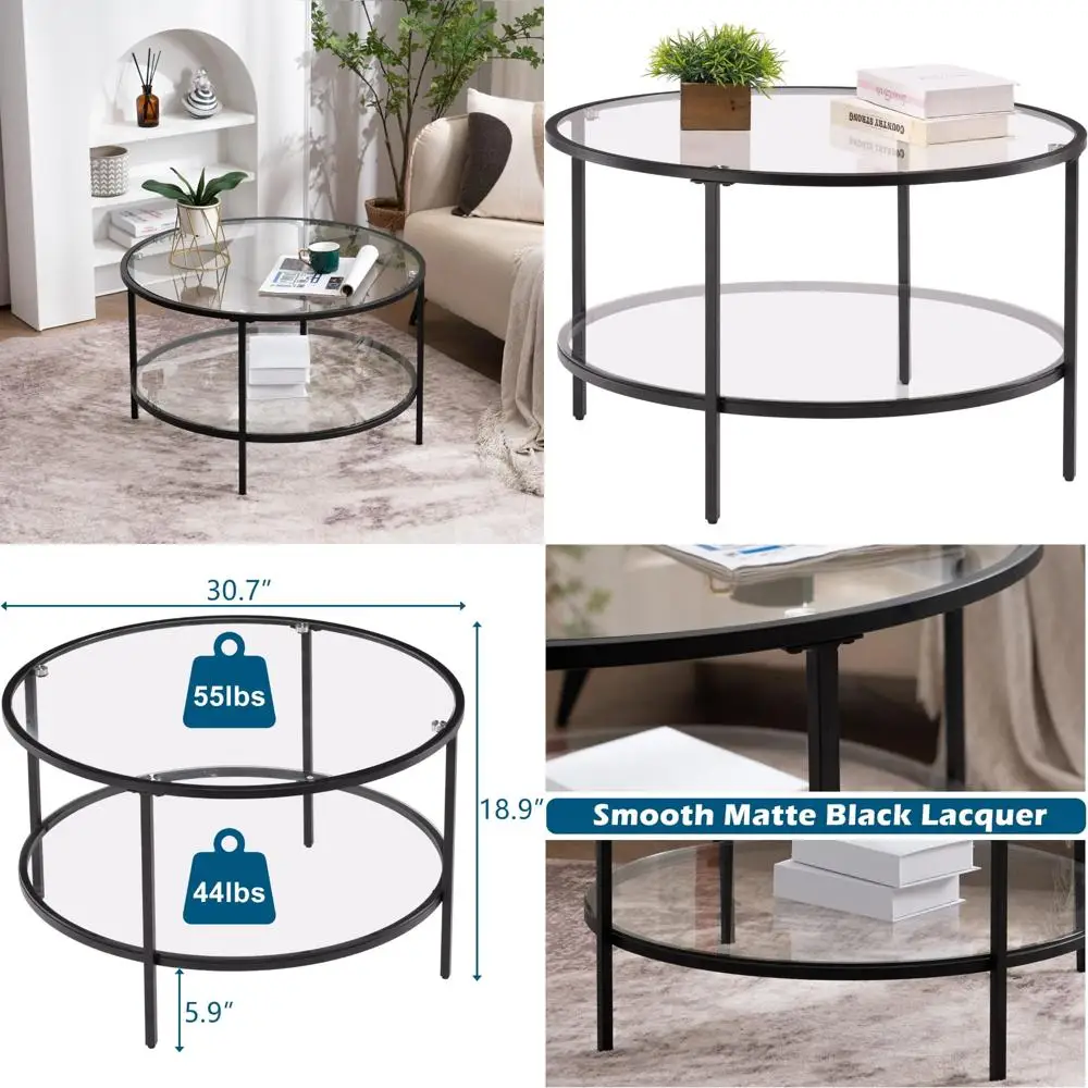 

Круглый стеклянный журнальный столик с двухуровневым дизайном для гостиной, черный 30-дюймовый приставной столик с местом для хранения вещей
